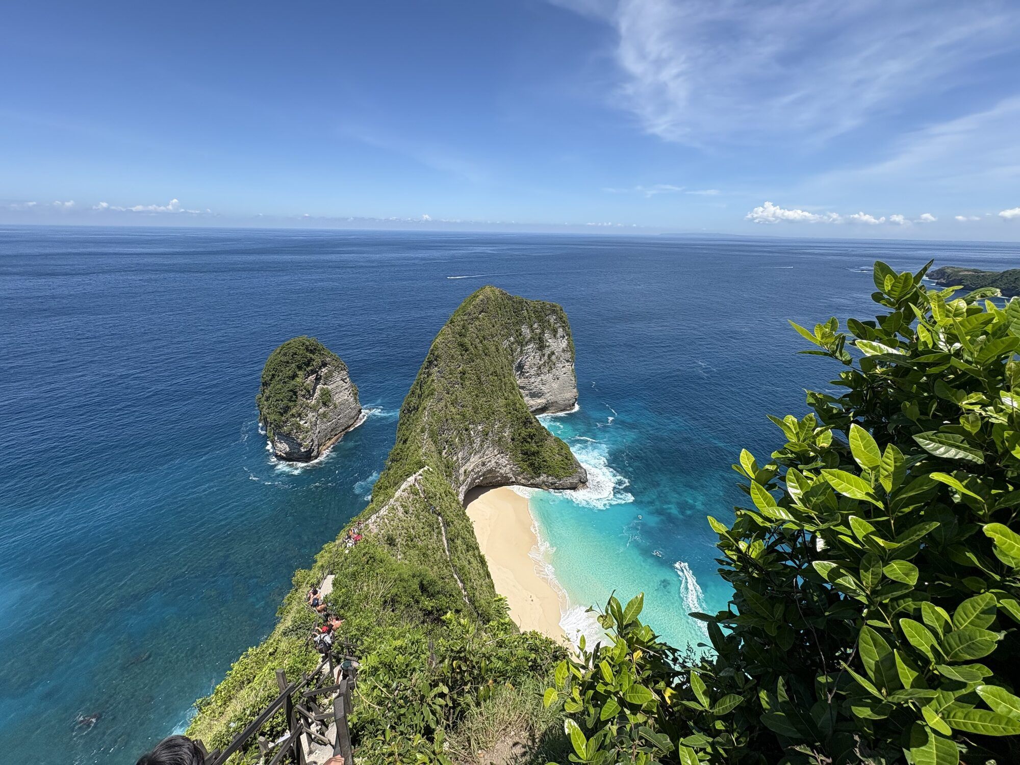 Kelingking Beach on the west coast of Nusa Penida, a cliff shaped like a dinosaur's head above a white beach